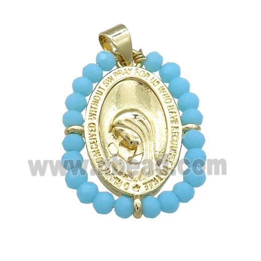 Virgin Mary Charms Copper Medal Pendant With Blue Crystal Glass Wire Wrapped Oval Gold Plated