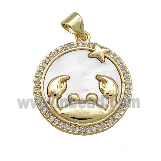 Zodiac Cancer Charms Copper Circle Pendant Pave Shell Zircon 18K Gold Plated