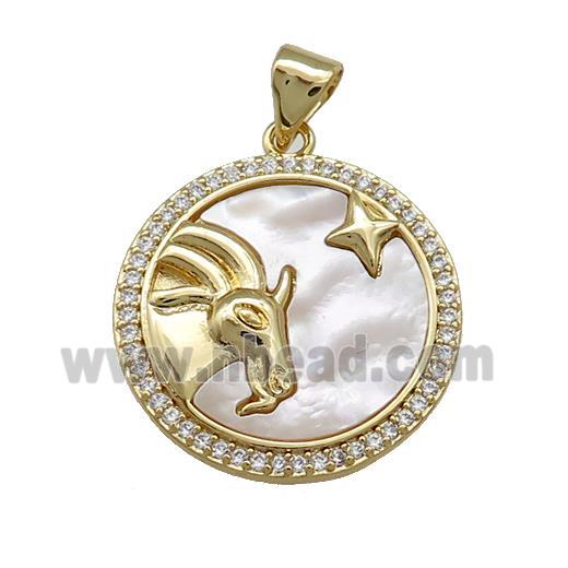 Zodiac Capricorn Charms Copper Circle Pendant Pave Shell Zircon 18K Gold Plated