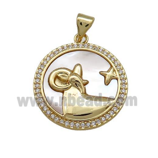 Zodiac Aries Charms Copper Circle Pendant Pave Shell Zircon 18K Gold Plated