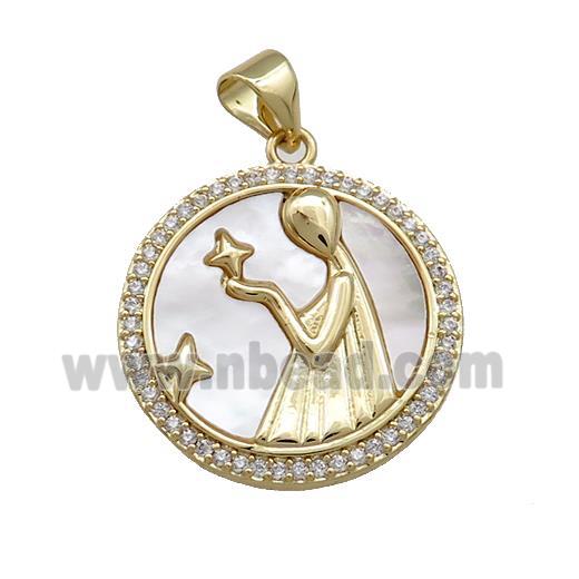 Zodiac Virgo Charms Copper Circle Pendant Pave Shell Zircon 18K Gold Plated