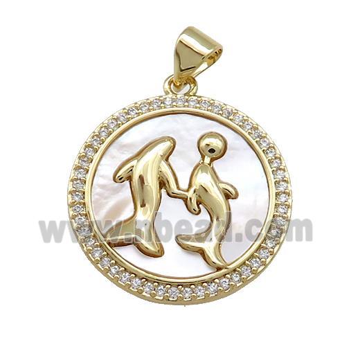 Zodiac Pisces Charms Copper Circle Pendant Pave Shell Zircon 18K Gold Plated