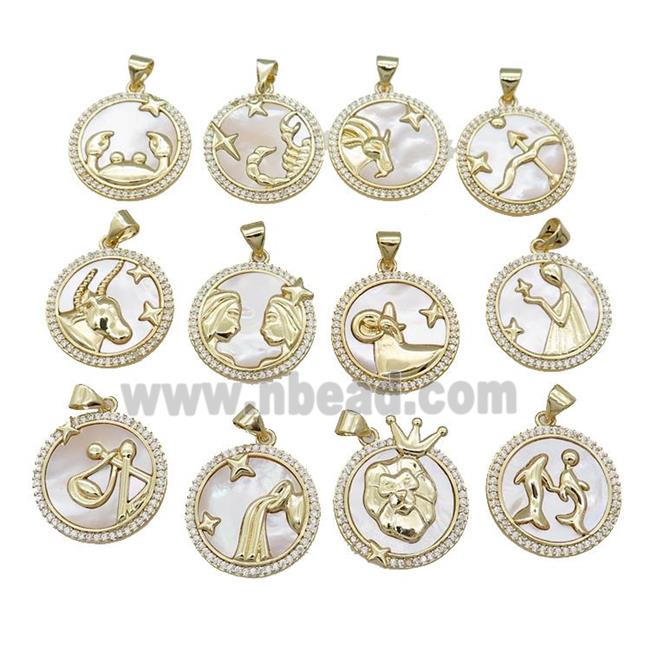 Zodiac Charms Copper Circle Pendant Pave Shell Zircon 18K Gold Plated Mixed