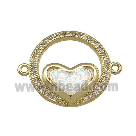 Copper Circle Connector Pave White Fire Opal Zircon Heart 18K Gold Plated
