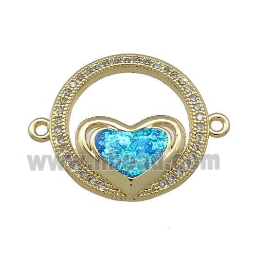 Copper Circle Connector Pave Blue Fire Opal Zircon Heart 18K Gold Plated
