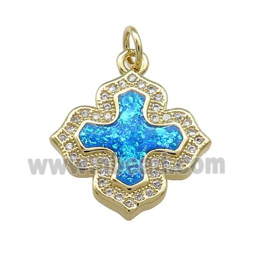 Copper Cross Pendant Pave Blue Fire Opal Zircon 18K Gold Plated