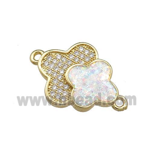 Copper Clover Connector Pave White Fire Opal Zircon Double 18K Gold Plated