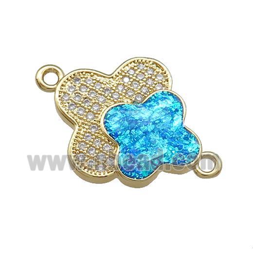Copper Clover Connector Pave Blue Fire Opal Zircon Double 18K Gold Plated