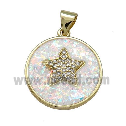 Copper Circle Pendant Pave White Fire Opal Zircon Star 18K Gold Plated