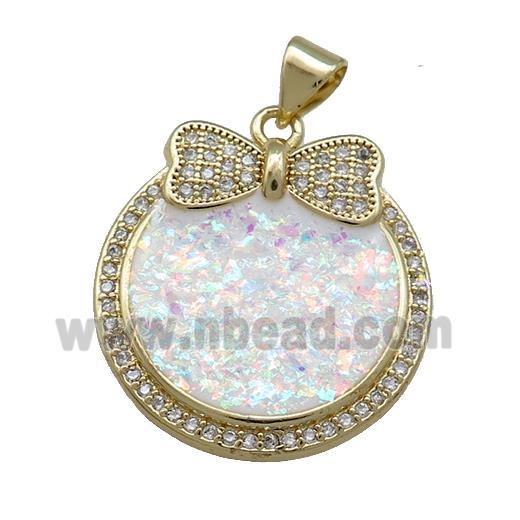 Copper Circle Pendant Pave White Fire Opal Zircon Bowknot 18K Gold Plated