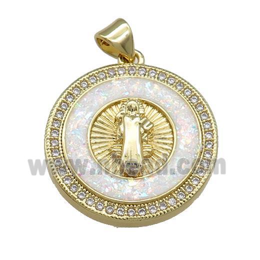 Copper Jesus Pendant Pave White Fire Opal Zircon Circle 18K Gold Plated