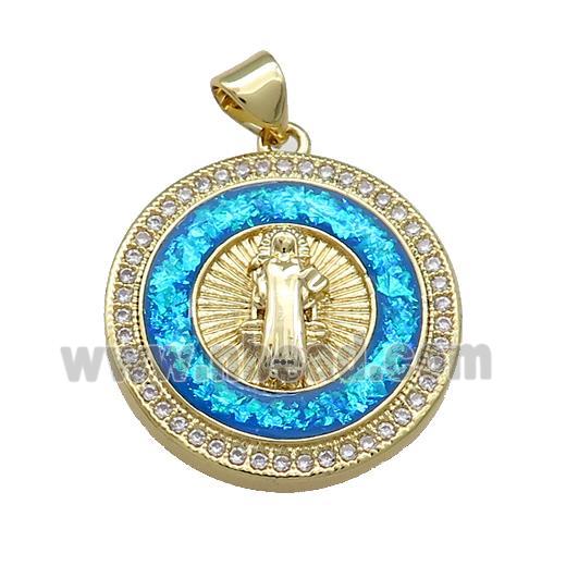 Copper Jesus Pendant Pave Blue Fire Opal Zircon Circle 18K Gold Plated