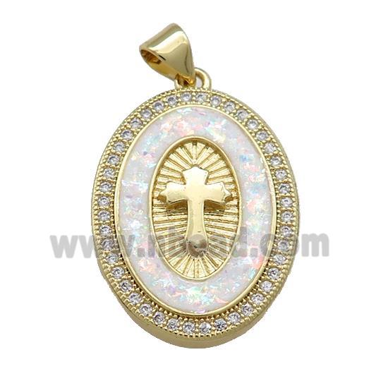 Copper Oval Pendant Pave White Fire Opal Zircon Cross 18K Gold Plated