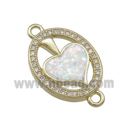 Copper Oval Connector Pave White Fire Opal Zircon Heart 18K Gold Plated