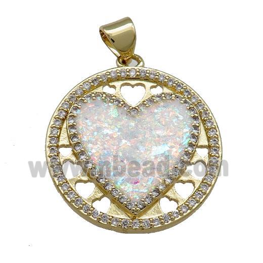 Copper Heart Pendant Pave White Fire Opal Zircon Circle 18K Gold Plated