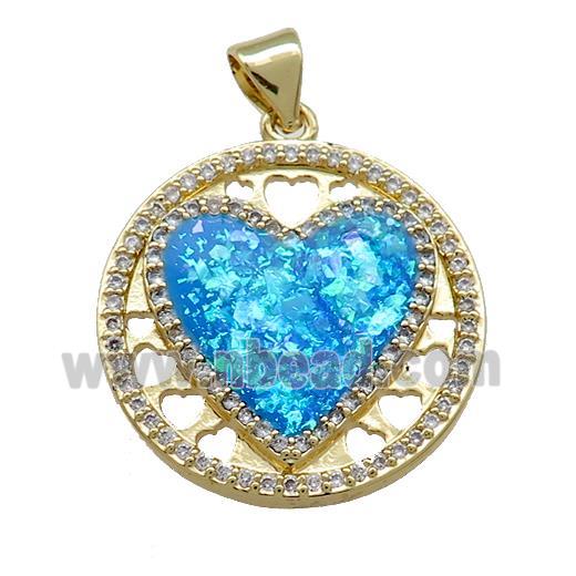 Copper Heart Pendant Pave Blue Fire Opal Zircon Circle 18K Gold Plated