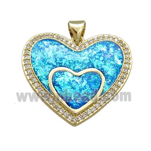 Copper Heart Pendant Pave Blue Fire Opal Zircon Double 18K Gold Plated