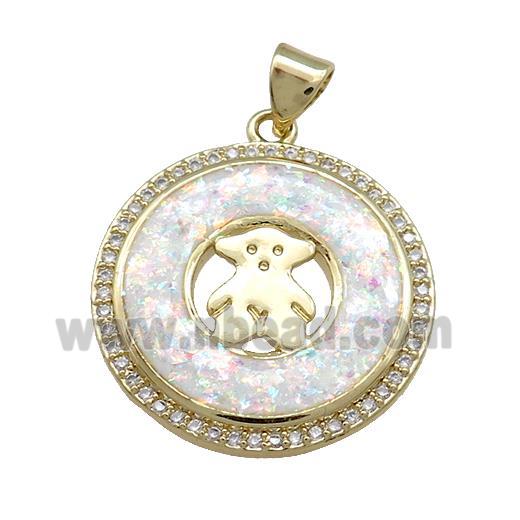 Copper Circle Pendant Pave White Fire Opal Zircon Bear 18K Gold Plated