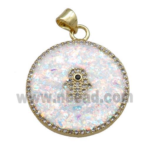 Copper Circle Pendant Pave White Fire Opal Zircon Hamsahand 18K Gold Plated