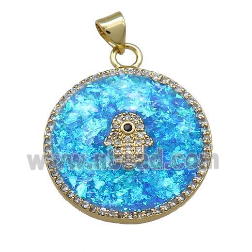 Copper Circle Pendant Pave Blue Fire Opal Zircon Hamsahand 18K Gold Plated