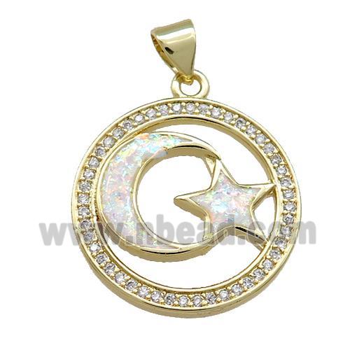 Copper Moon And Star Pendant Pave White Fire Opal Zircon Circle 18K Gold Plated