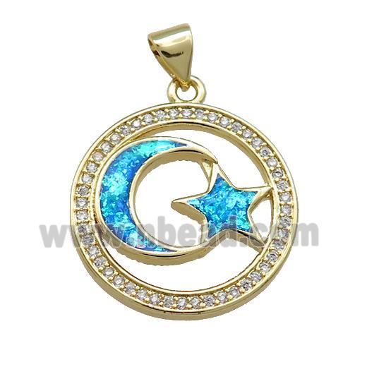Copper Moon And Star Pendant Pave Blue Fire Opal Zircon Circle 18K Gold Plated