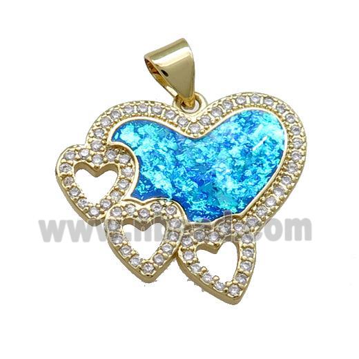 Copper Heart Pendant Pave Blue Fire Opal Zircon 18K Gold Plated