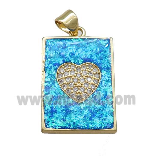 Copper Rectangle Pendant Pave Blue Fire Opal Zircon Heart 18K Gold Plated