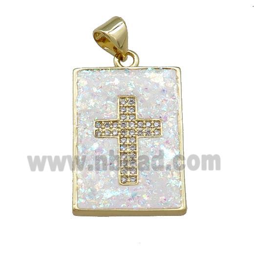 Copper Rectangle Pendant Pave White Fire Opal Zircon Cross 18K Gold Plated