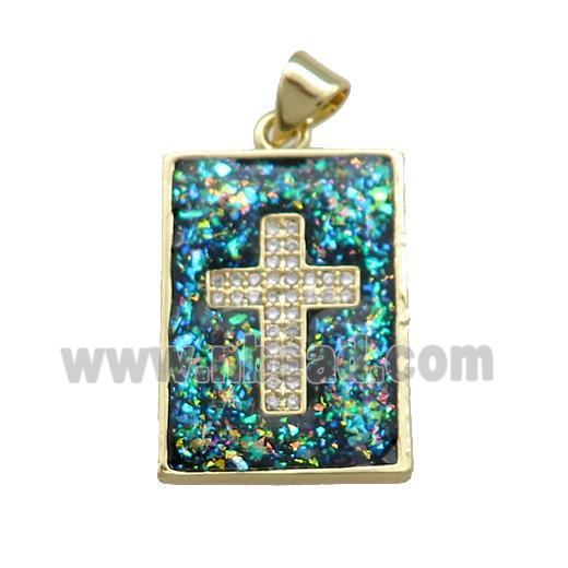Copper Rectangle Pendant Pave Green Fire Opal Zircon Cross 18K Gold Plated