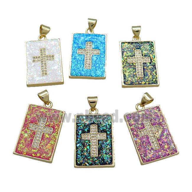 Copper Rectangle Pendant Pave Fire Opal Zircon Cross 18K Gold Plated Mixed