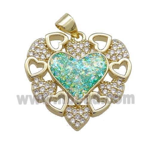 Copper Heart Pendant Pave Green Fire Opal Zircon 18K Gold Plated