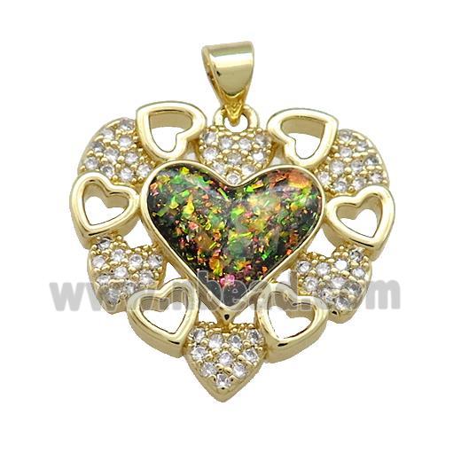 Copper Heart Pendant Pave Multicolor Fire Opal Zircon 18K Gold Plated