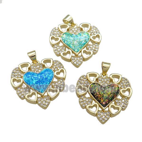 Copper Heart Pendant Pave Fire Opal Zircon 18K Gold Plated Mixed