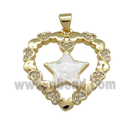 Copper Heart Pendant Pave White Fire Opal Zircon Star 18K Gold Plated