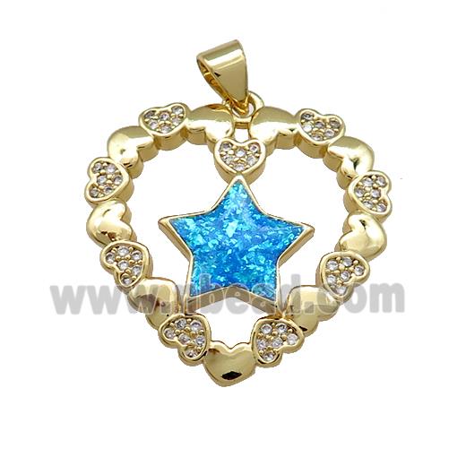 Copper Heart Pendant Pave Blue Fire Opal Zircon Star 18K Gold Plated