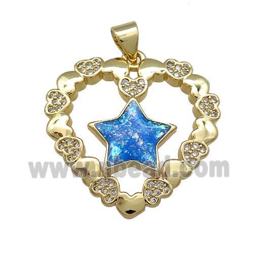 Copper Heart Pendant Pave Blue Fire Opal Zircon Star 18K Gold Plated