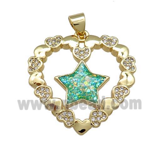 Copper Heart Pendant Pave Green Fire Opal Zircon Star 18K Gold Plated