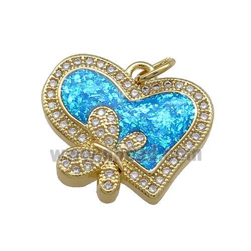 Copper Heart Pendant Pave Blue Fire Opal Zircon Butterfly 18K Gold Plated