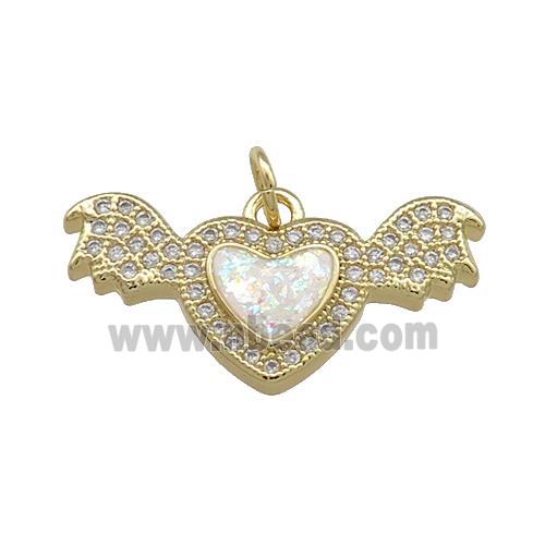 Angel Wings Charms Copper Heart Pendant Pave White Fire Opal Zircon 18K Gold Plated
