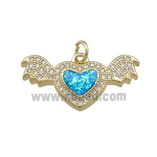 Angel Wings Charms Copper Heart Pendant Pave Blue Fire Opal Zircon 18K Gold Plated