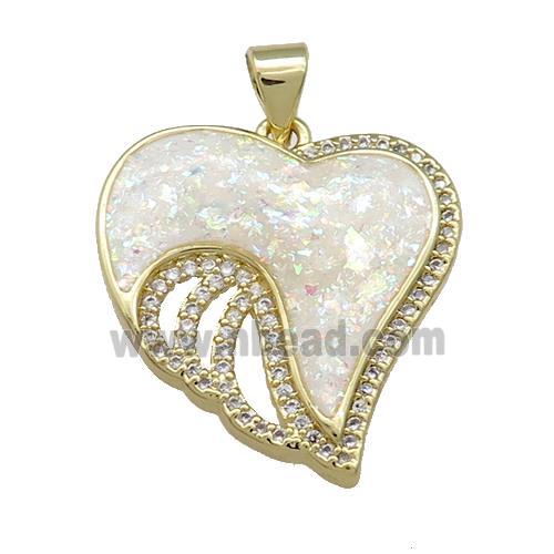 Copper Heart Pendant Pave White Fire Opal Zircon Wings 18K Gold Plated