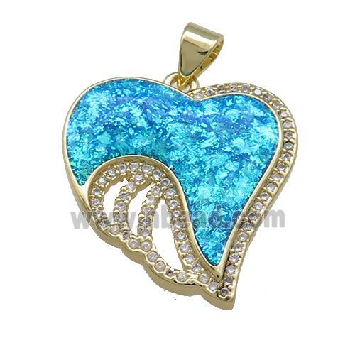 Copper Heart Pendant Pave Blue Fire Opal Zircon Wings 18K Gold Plated