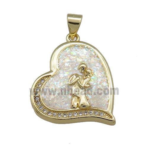 Copper Heart Pendant Pave White Fire Opal Zircon Couple 18K Gold Plated