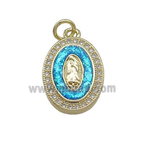 Copper Oval Pendant Pave Blue Fire Opal Virgin Mary Charms 18K Gold Plated