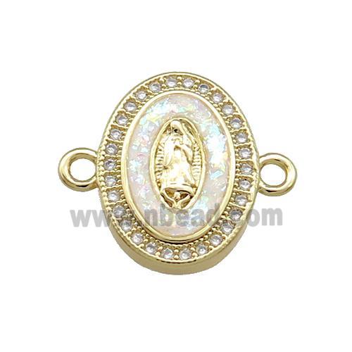Copper Oval Connector Pave White Fire Opal Virgin Mary Charms 18K Gold Plated