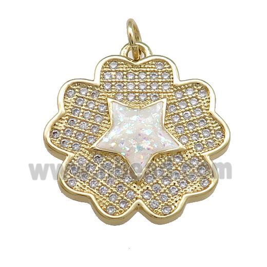 Copper Flower Pendant Pave White Fire Opal Zircon Star 18K Gold Plated