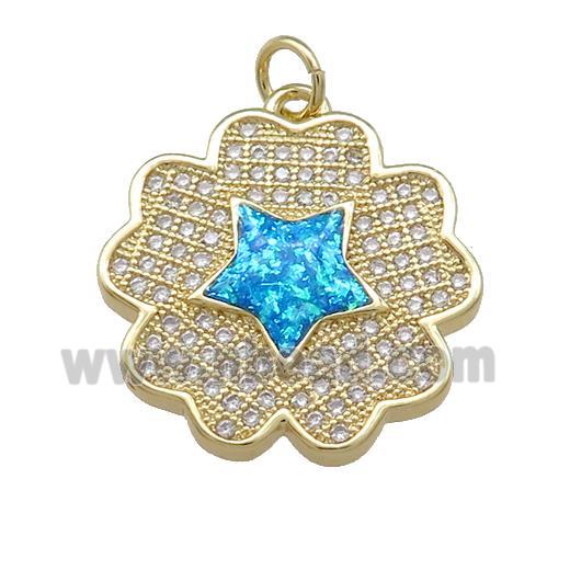Copper Flower Pendant Pave Blue Fire Opal Zircon Star 18K Gold Plated