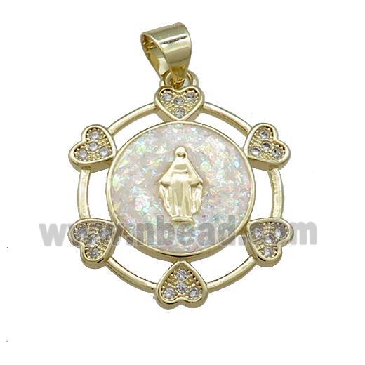 Virgin Mary Charms Copper Pendant Pave White Fire Opal Zircon Heart 18K Gold Plated