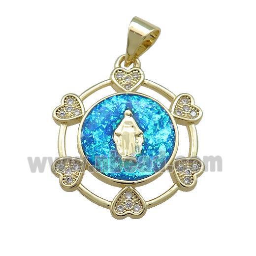 Virgin Mary Charms Copper Pendant Pave Blue Fire Opal Zircon Heart 18K Gold Plated